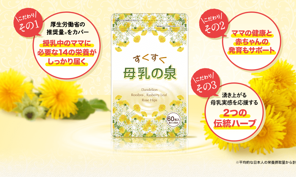 こだわりその1 授乳中のママに 必要な14の栄養が しっかり届く。こだわりその2 ママの健康と赤ちゃんの発育もサポート。こだわりその3 2つの伝統ハーブ。